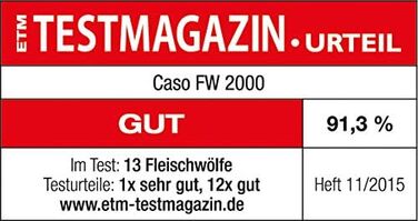 Електрична м'ясорубка Caso FW2000, в т.ч. печиво, насадка 800 Вт номінальна, 2000 Вт в замку, приблизно 2 кг / хвилина, корпус з литого алюмінію, потужний двигун, срібло 2000 Вт срібло