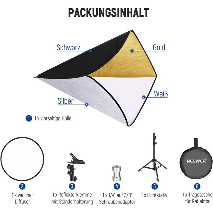 Комплект світловідбивача NEEWER 43'/110 см, розбірний круглий рефлектор 5 в 1 (напівпрозорий/сріблястий/золотий/білий/чорний), металева кліпса та короткий штатив 21'-43'/53-110 см для низькокутної дитячої студійної фотографії