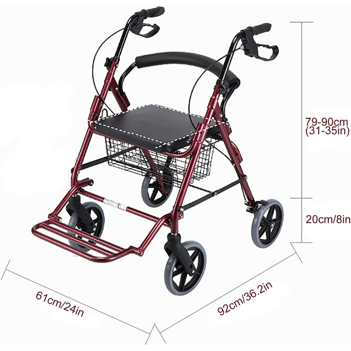 Розбірний ролик, ходунки з червоного алюмінію для літніх людей/людей похилого віку, з сидінням, гальмами та великими колесами, портативні ходунки з регулюванням висоти, міцний візок для покупок для спільного використання