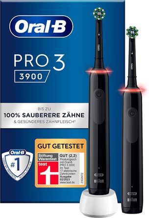 Електрична зубна щітка Oral-B PRO 3 3900, подвійна упаковка, з 3 режимами чищення та візуальним регулюванням тиску на 360 для догляду за зубами, дизайн Brown, Black, 2 шт. и (1 упаковка) Old Single