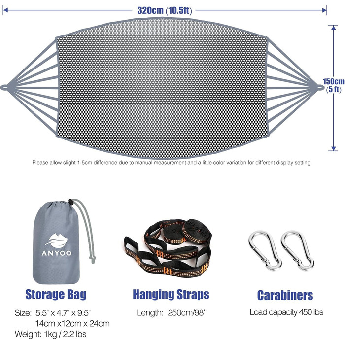 Великий сітчастий гамак Anyoo 320x150 см, дихаючий прохолодний сітчастий гамак з ременями для дерева на відкритому повітрі Кемпінг Сад Піші прогулянки Рюкзак Сірий
