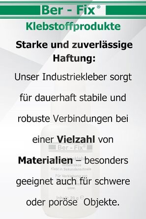 Промисловий клей преміум-класу Ber-Fix 10 г середньої в'язкості надзвичайно міцний і універсальний, ідеально підходить для точного нанесення на пластик, метал, дерево, ПВХ, гуму, шкіру, кераміку, включаючи 3 тонкі наконечники для дозування 10 г з тонкими
