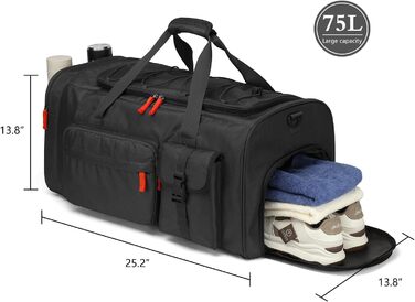 Дорожня сумка Чоловіки 75L Велика спортивна сумка Weekender рюкзак з відділенням для взуття Водонепроникна тренувальна сумка Жіноча нічна сумка для тренажерного залу для подорожей, кемпінгу, фітнесу, чорний