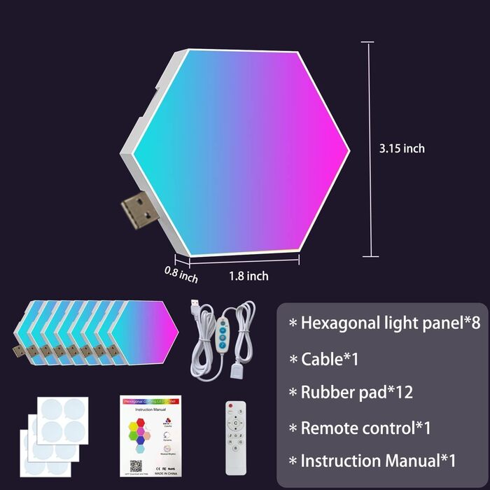 Шестикутні світлодіодні панелі - 8 упаковок Hexagon RGB Smart Wall Light Indoor Creative Decorative Hexa LED Light Panels Music Sync для кімнат та ігор