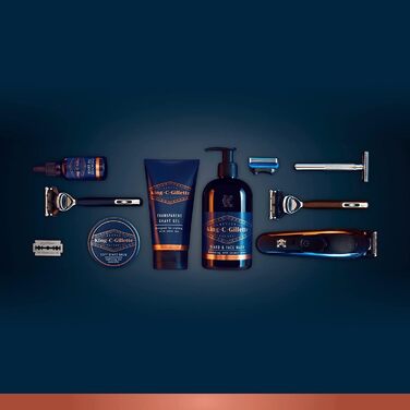 Подарунковий набір Gillette King C. Gillette Compact Styling безпечна бритва з подвійною ріжучою кромкою 5 лез прозорий гель для гоління 30 мл гель для вмивання бороди та обличчя 60 мл