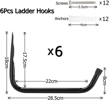 Настінний гачок Pipabiba з 6 частин Універсальний гачок для драбини, гачок для гаража 28 см, гаражний вішак і органайзер для настінного кріплення для драбини, інструментів, стільця та шланга