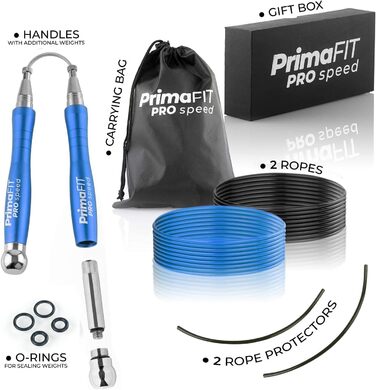 Скакалка PrimaFIT для дорослих Fitness Pro Швидкісна скакалка 3 м скакалка регулюється з обтяженнями, 2 кульковими підшипниками та протиковзкими ручками, професійні скіппінг для боксу, ММА, кроссфіт, додаткова сталева мотузка, сумка (синя)