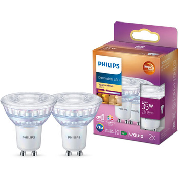 Лампи Philips LED Classic GU10 Warm Glow (50 Вт), світлодіодні плями з рефлектором із регулюванням яскравості та теплим білим світлом, енергозберігаючі лампи з тривалим терміном служби (35 Вт, 2 упаковки, Warmglow Dimmable)