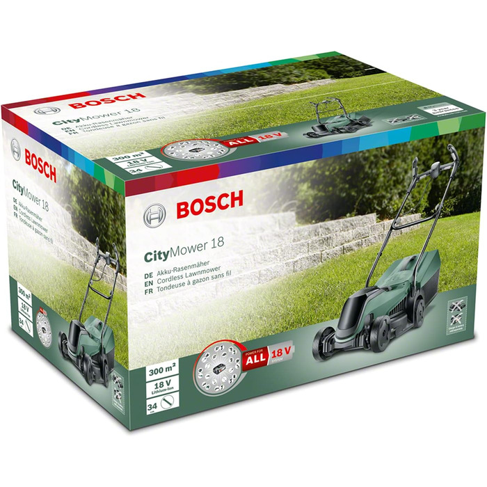 Дім і сад Акумуляторна газонокосарка Bosch CityMower 18 (18 В, без акумулятора, ширина зрізу 32 см, площа газону до 300 м, в коробці)