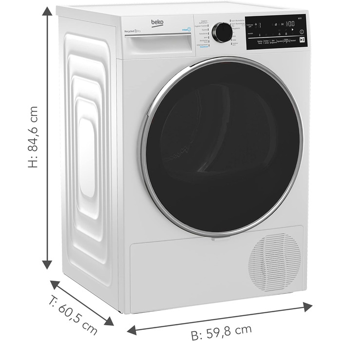 Сушильна машина Beko B3T42240S b300, 8 кг, з тепловим насосом клас енергоспоживання A  підходить для алергіків, освіжаюча сушка із функцією пари 14 програм дизайн преміум-класу білий