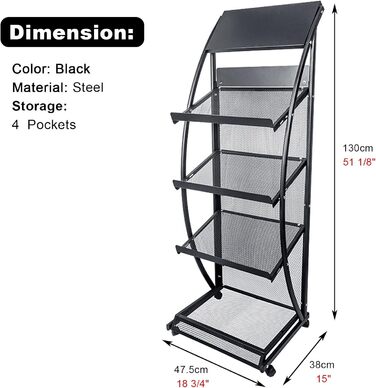 Органайзер-тримач для журналів, портативний стелаж для брошур та літератури з 4 кишенями, підлоговий стелаж для зберігання на колесах, простий монтаж