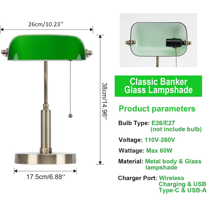Зелене скло Банкіри Настільна лампа Класична настільна лампа з бездротовою зарядкою USB-порт Вінтажний латунний ланцюговий перемикач Приліжкова тумбочка Приліжковий світильник для домашнього офісу Спальня Зелена бездротова зарядка