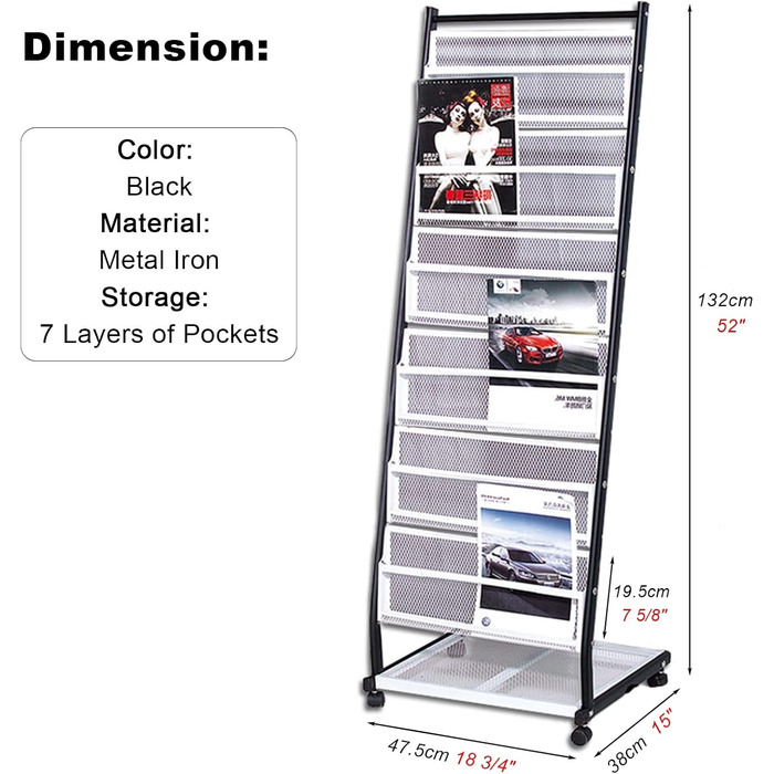 Підлогова стійка для журналів для вітальні, ванної кімнати, тримач для брошур з чорного металу - 7 кишень, портативний вертикальний органайзер для буклетів на коліщатках