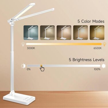 Настільна лампа Bazcuka з подвійною головою LED з регулюванням яскравості, регульований по висоті настільний світильник з таймером автоматичного вимкнення, настільна лампа для захисту очей з функцією зарядки USB 5 колірних режимів для домашнього офісу, бі