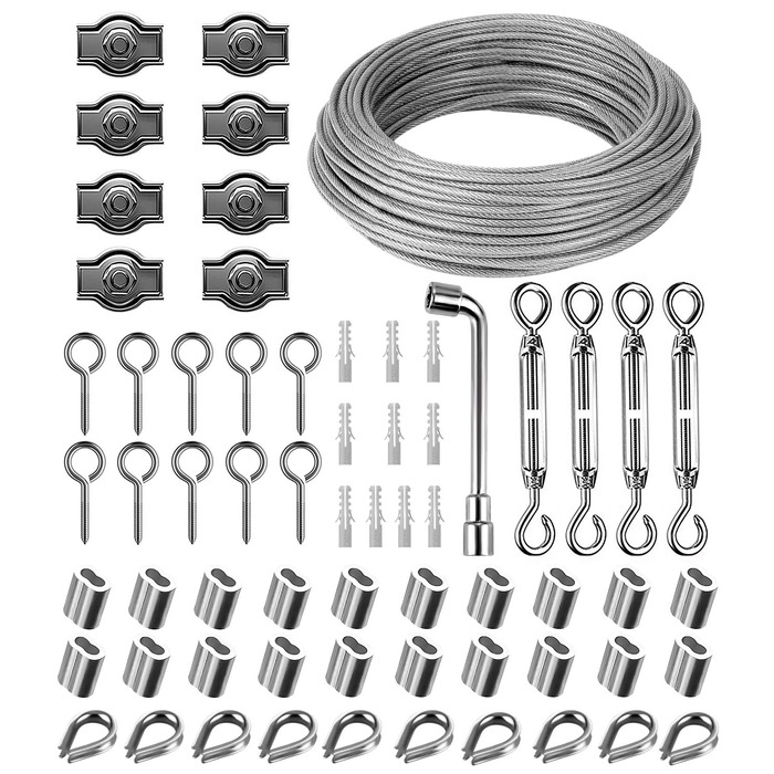 Комплект сталевої мотузки Jissta 3 мм 30 м, 304 Направляюча шпалери з нержавіючої сталі з нержавіючої сталі, сталевий трос з вушками, Набір для натягу дротяної мотузки, для шторної мотузки, В'юнкі рослини, Струнна легка підвіска, Мотузка для білизни