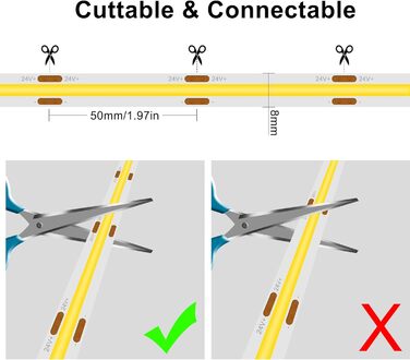 Світлодіодна стрічка TTWAY COB Тепла біла світлодіодна стрічка з 384 світлодіодами/м, CRI 93, DC24V, 8 мм роз'ємом Cob, рівномірним світлом, світлодіодною стрічкою для прикраси спальні (блок живлення не входить у комплект) (6000k, 5M)