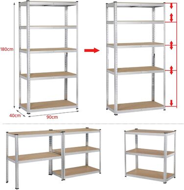 Стелаж для зберігання Yaheetech 180x90x40см Підвальна полиця 5 ярусів Полиця майстерні без болтів Полиця для важких умов експлуатації Металева полиця Полиця для гаража оцинкована 875кг
