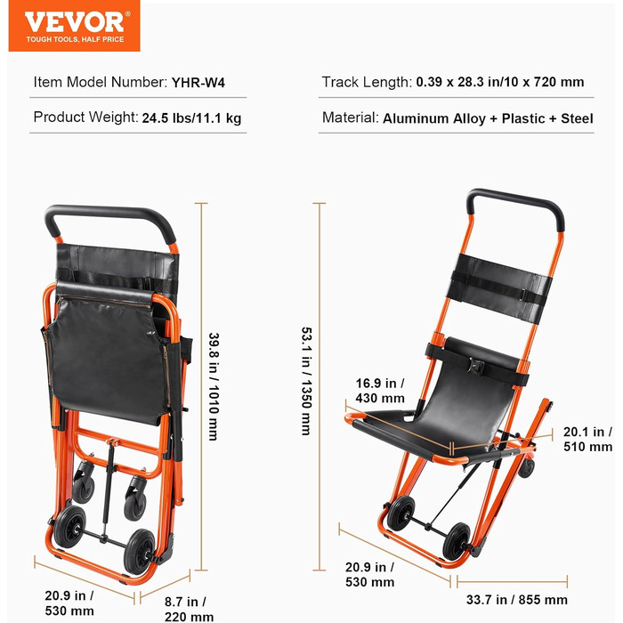 Крісло для сходів VEVOR EMS 159 кг вантажопідйомність алюмінієвий складний інвалідний підйом по сходах 855x530x1350 мм Сходовий підйомник Швидка допомога Пожежник евакуація для людей похилого віку та інвалідів
