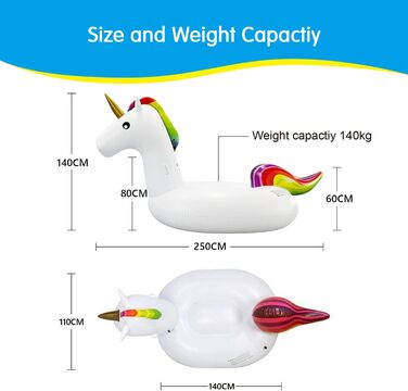 Гігантський надувний єдиноріг Dracary - плаваючий басейн - надувна іграшка для води - єдиноріг та дитяче плавальне кільце та стілець для водних видів спорту 250,0 сантиметрів