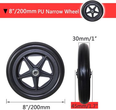 Універсальні колеса 150мм/180мм/200мм Литі суцільнолиті гумові шини запасні частини для інвалідного візка, чорні запасні колеса для коліс інвалідного візка, довжина маточини 45мм/60мм 8 дюймів/200мм (вузькі), 2