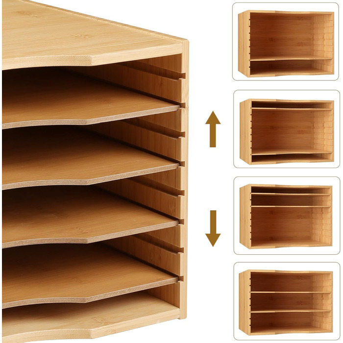 Лоток для документів FOREHILL бамбуковий для A4, лоток для листів з 4 змінними полицями, штабельовані дерев'яні полиці, лоток для паперу для настільного органайзера 35x25x25см