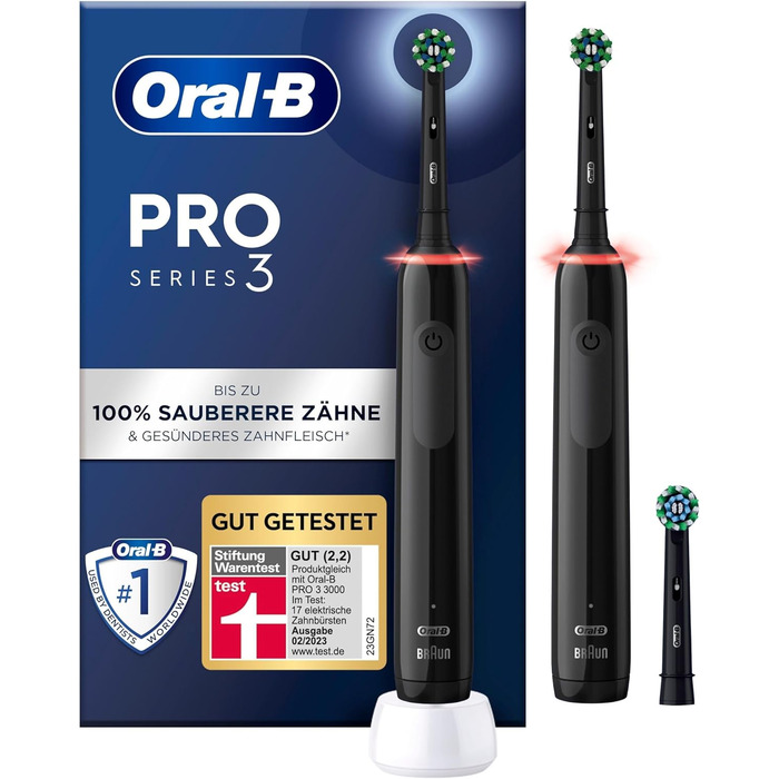 Електрична зубна щітка Oral-B Pro 3 3900, подвійна упаковка та 3 щітки, з 3 режимами чищення та візуальним регулюванням тиску на 360 для догляду за зубами, подарунок чоловіку/жінці, чорний чорний