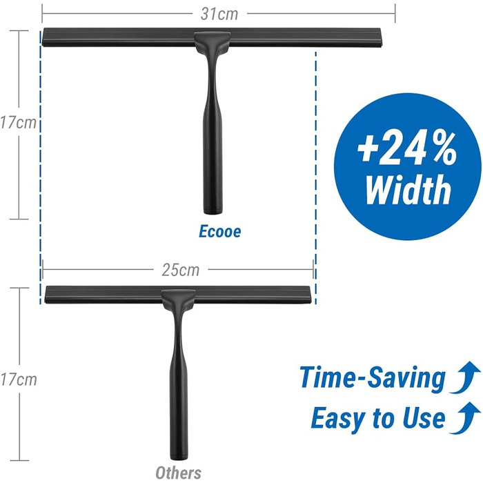 Душовий склоочисник ecooe з нержавіючої сталі подовжений 31 см чорний ракель для душу без свердління віконний ракель зі стінною вішалкою Склоочисник для ванної кімнати 2 змінні губи Силіконовий ракель для душу для миття дзеркального вікна Glass Prime