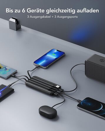 Зовнішній акумулятор USB C Powerbank з 4 вбудованими зарядними кабелями Портативний зарядний пристрій зі світлодіодним дисплеєм Компактний Тонкий 6 виходів Сумісний з планшетом iPhone, Huawei, Samsung Чорний, 10000mAh