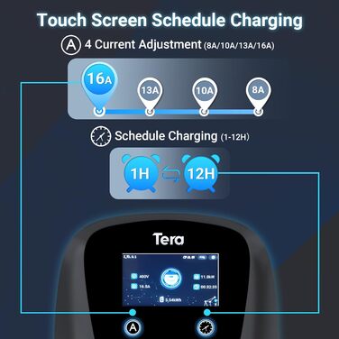 Зарядний пристрій Tera EV 11 кВт 16 A Тип 2 Домашня зарядна станція 11 кВт 400 В CE & TV Wallbox Кабель для зарядки 7 м із тримачем зарядного пристрою CEE 3-фазна вилка для всіх EV та PHEV Модель W01 Чорний