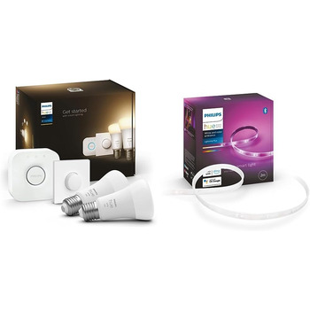 Стартовий набір Philips Hue White E27 із 2 частин, включаючи розумну кнопку та міст відтінку, 2x1055 лм і білий і полковник Lightstrip Plus 2 м база, 1600 лм, 16 мільйонів кольорів у комплекті зі світловою смугою