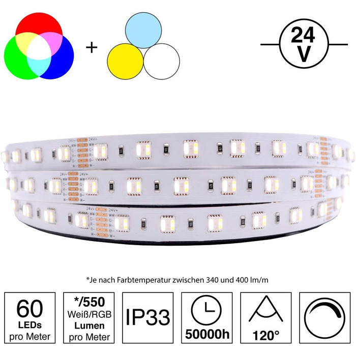 Високоякісна світлодіодна стрічка RGBCCT (2300K 6500K) з 60 світлодіодами на метр, високо вибрана, 24 В, 20 Вт на метр (IP33 рулон 5 м), 5in1 RGBCCT