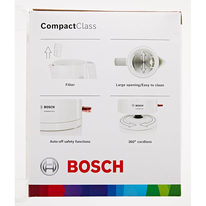 Акумуляторний чайник Bosch CompactClassTWK3A051, швидкий нагрів, індикатор рівня води з обох сторін, захист від перегріву, 1 л, 2400 Вт, білий Single