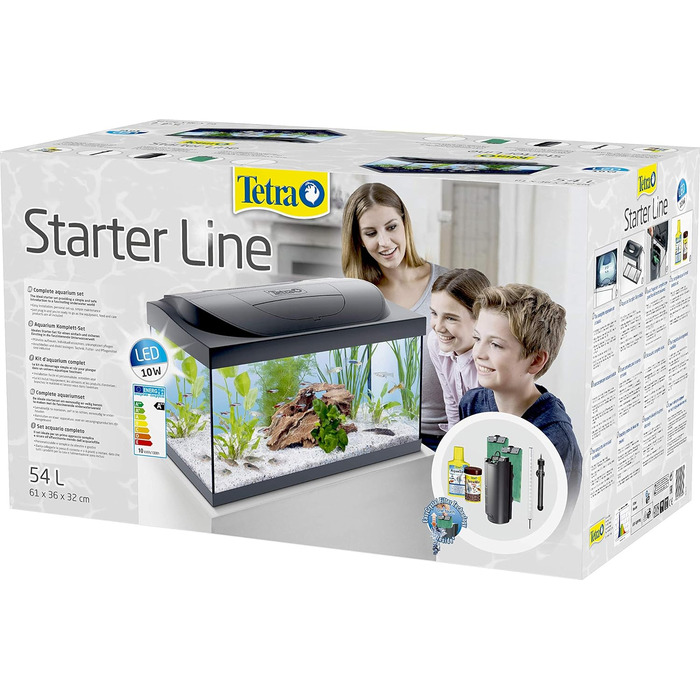 Комплектація акваріума Tetra Starter Line 54 л - в т.ч. денне і нічне світло, LED підсвічування, внутрішній фільтр, обігрівач, кондиціонер для корму для риб і води (з денним світлом, 54 літри)