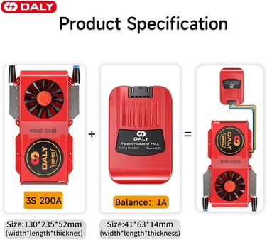 Паралельний модуль DALY BMS 1 A з вентилятором Smart BMS LiFePo4 8S 24 В 250 А та портом CAN, Smart BMS Bluetooth ключ для літієвих акумуляторів 3,2 В, інвертор, ДБЖ та домашня система зберігання (Li-ion 3S 12V CAN BT, 200A вентиляторпаралельний Module1A)