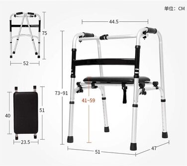 Інвалідний візок, легкий, складаний ходунки з нековзним, м'яким сидінням, регульованою по висоті рамою для ходьби, старший