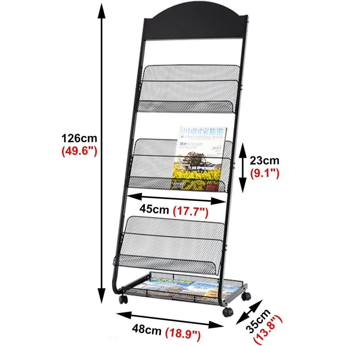 Металева стійка для журналів, стійка для брошур, переносна стійка для брошур на колесах для приймальні, лобі готелю, торгового залу (колір білий) (колір чорний)