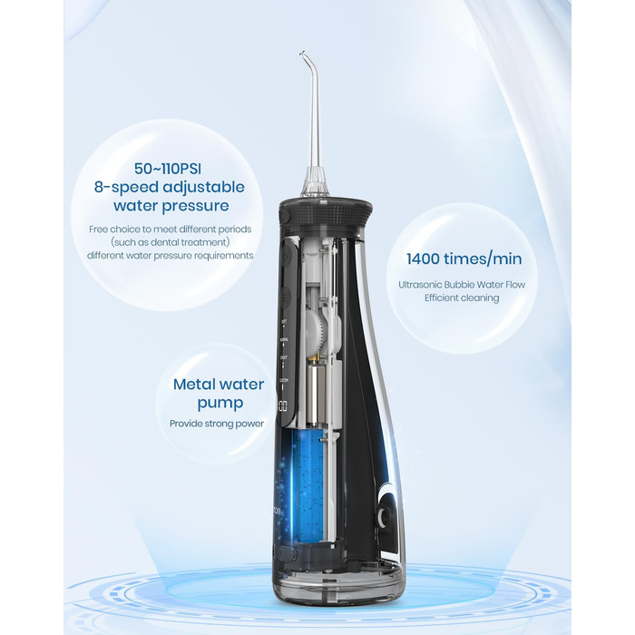 Іригатор для порожнини рота Акумуляторний Mornwell Water Flosser для зубів, 4 режими чищення 4 насадки Резервуар для води 260 мл Портативний іригатор для порожнини рота Interdental Cleaner для чищення BlackF32