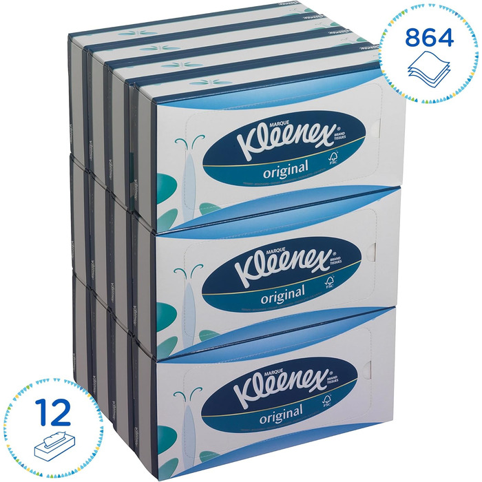 Косметичні серветки / носові хустки Kleenex 8824 - м'які, міцні та абсорбуючі - 12 x 72 (864 серветки) білий, 3-шаровий, без ароматизаторів білий 72 предмети (12 упаковок)