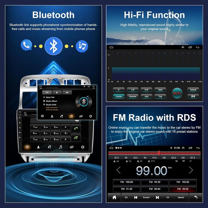 Автомобільна стереосистема для Peugeot 307 2007-2013 Carplay Android автомобіль, радіо 9-дюймовий сенсорний екран Радіо Bluetooth HiFi GPS навігація WiFi Mirror Link FM RDS камера 2 Din екран для Peugeot 307 (2G 64G)