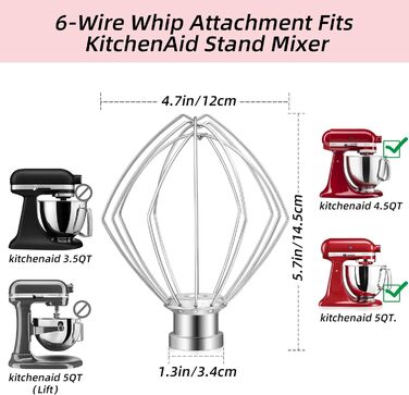 Насадка для віночка Gdrtwwh для міксера KitchenAid з нахиляючою головкою, мішалки для яєчного крему з нержавіючої сталі, майонезного віночка для борошняного торта (заміна K45WW) Дротяний віночок