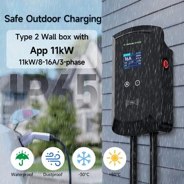 Станція для зарядки електромобіля з додатком Smart App, 8-16A CEE 3 Phase Plug, IP65, WiFi і Bluetooth, RFID-карта, Electric Car Wallbox Підходить для i3, e-Up, ID.3, ID.4, Zoe, 11kW Wallbox/