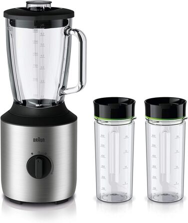 Кухонний міксер Braun Household PowerBlend 3 JB 3272 - скляна насадка для блендера 1,5 л, кухонні гаджети для подрібнення, пюрирования та змішування, в т.ч. 2 пляшки Smoothie2Go, 800 Вт, нержавіюча сталь з нержавіючої сталі/чорний одинарний