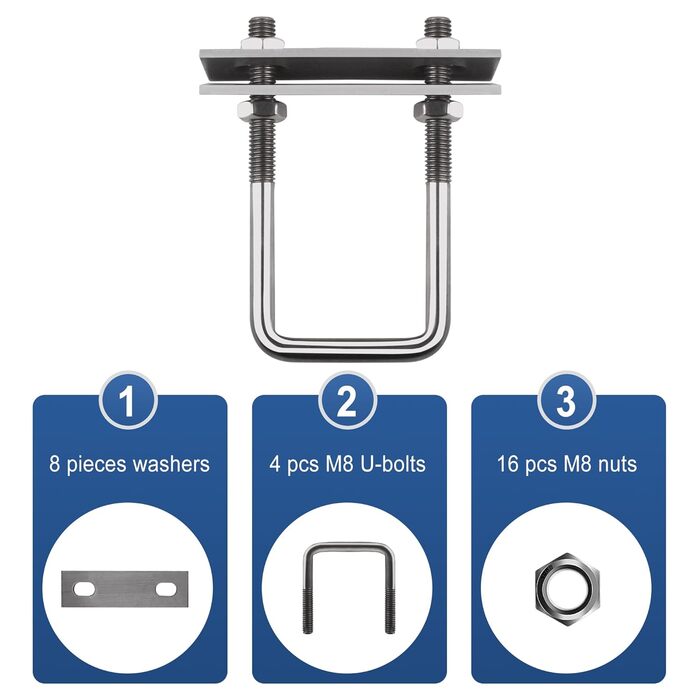 Гвинт M8, U-подібний різьбовий кронштейн, квадратні болти, U-болтові затискачі, U-болти для саду, автофургону, DIY, сонячної установки та кріплення (4 шт., M8x40x100 мм)