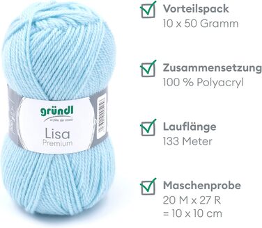 Пряжа Grndl Lisa Premium Uni Knitting & Chet Yarn (м'яка і схожа на шерсть, проста в догляді пряжа для в'язання з 100 поліакрилу, 50 г/ 133 м, розмір голки 3,5 - 4,5, 10 клубків по 50 г кожен), (світло-блакитний)