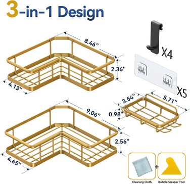 Кутова душова полиця YASONIC, 3 шт. , кутовий органайзер для душу з мильницею та 4 знімними гачками, кутові душові полиці з нержавіючої сталі, без свердління, душова полиця для внутрішнього душу, золото, 3 шт. , золото