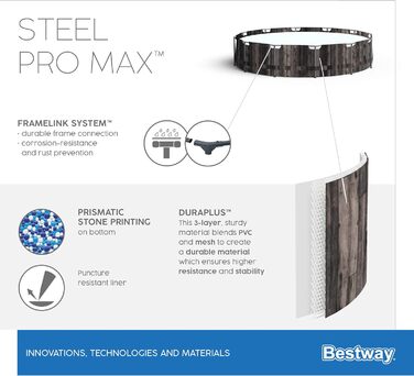 Набір каркасних басейнів Bestway Steel Pro MAX з фільтруючим насосом Ø 366 x 100 см, дерев'яний вигляд (морений дуб), круглий одинарний