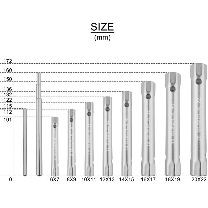 Набір гайкових ключів Gunpla для трубних розтрубів 10 шт. метричних 6x7мм-20x22мм в т.ч. оправка, набір ключів у рулонній сумці для монтажу та ремонту раковин, умивальників, кранів