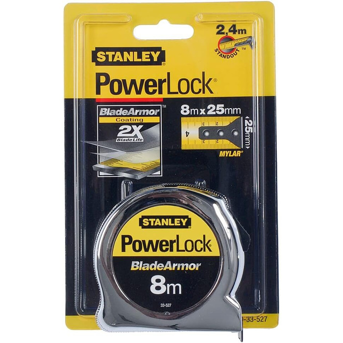 Рулетка Stanley Micro Powerlock (довжина 8 м, фіксатор, перемотування, затискач для ременя, хромована, захисне покриття Mylar) 0-33-527 8м