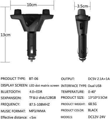 Автомобільний Bluetooth-передавач,MoreChioce Dual USB Bluetooth 4.0 Handsfree Bluetooth адаптер Приймач Bluetooth-передавач Музичний плеєр підтримує TF-карту з 1.3-дюймовим екраном