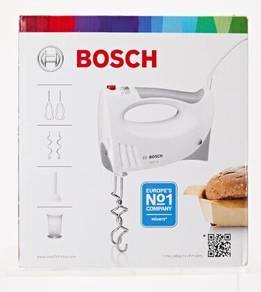 Ручний міксер Bosch MFQ3540, ручний міксер, 2 вінчики, 2 гачки для тіста з нержавіючої сталі, можна мити в посудомийній машині, 5 рівнів, ручний блендер, глечик для блендера, 450 Вт, білий одинарний